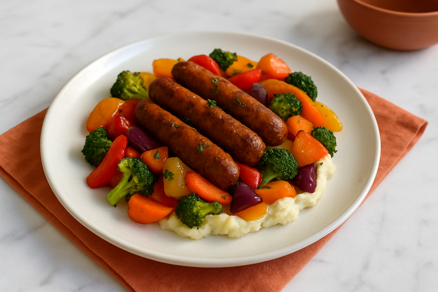Colorful Vegetable Bangers and Mash