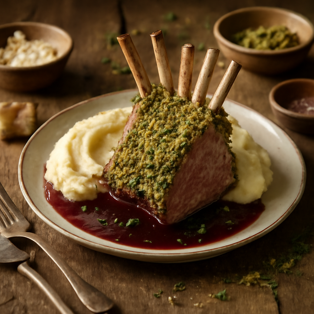 Herb-Crusted Rack of Lamb with Red Wine Reduction