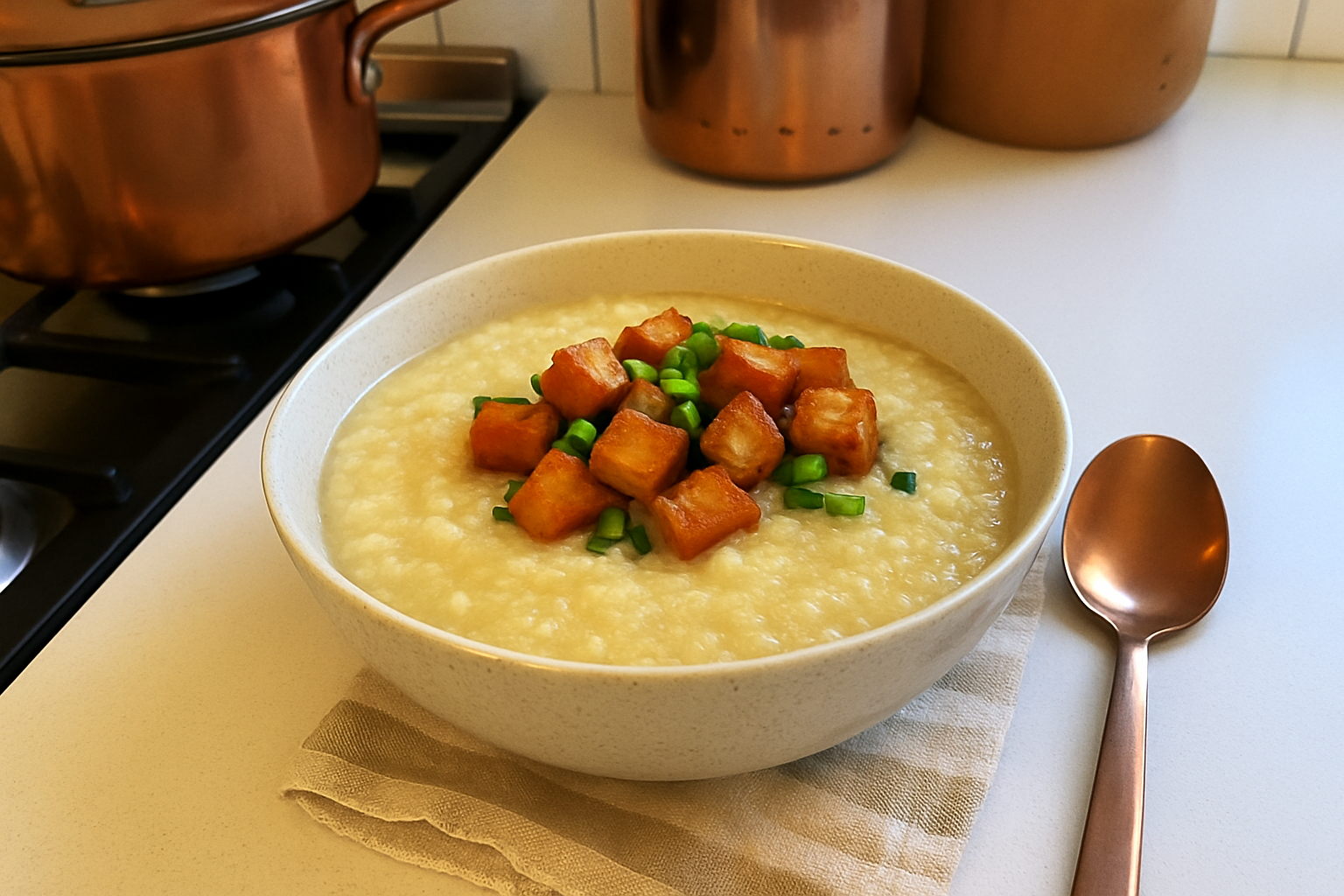 Lugaw with Crispy Tofu Toppings