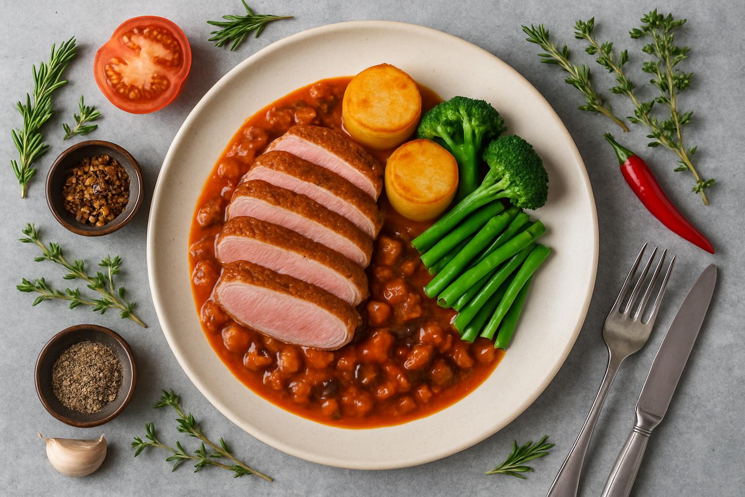 Duck Breast with Fondant Potatoes and Tomato Chilli Sauce