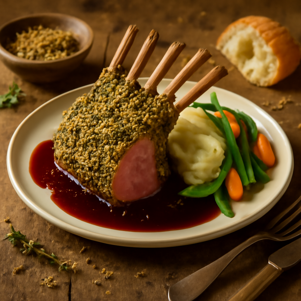 Herb-Crusted Rack of Lamb with Red Wine Reduction